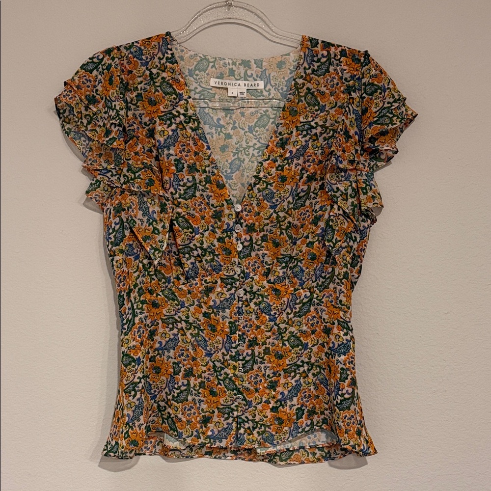 Veronica Beard Floral V-Neck Blouse - Orange and Blue